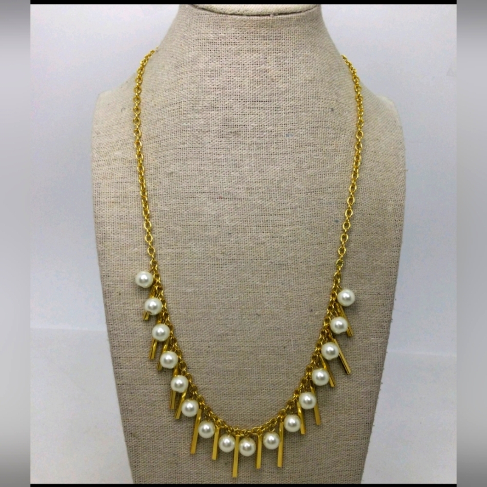 Rebecca Minkoff Faux Pearl Bar7 Fringe Necklace NWOT 24"